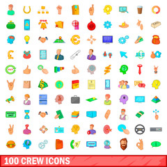 100 crew icons set, cartoon style