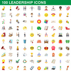 100 leadership icons set, cartoon style
