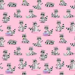 Cartoon raccoon vector illustration seamless pattern © Vectorvstocker