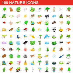 100 nature icons set, isometric 3d style © juliars
