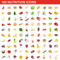 100 nutrition icons set, isometric 3d style