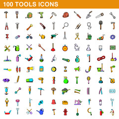 100 tools icons set, cartoon style 