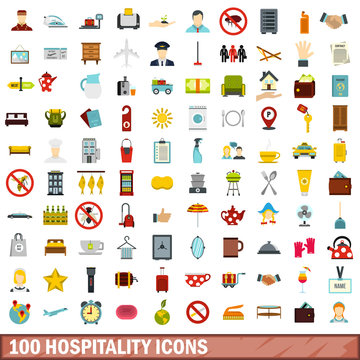 100 hospitality icons set, flat style