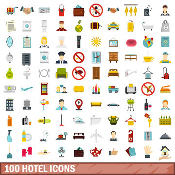 100 hotel icons set, flat style