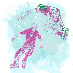Roller skating. Grunge trend handcrafted splash background.