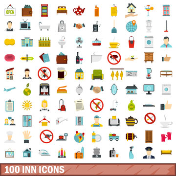 100 inn icons set, flat style