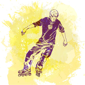 Roller skating. Grunge trend handcrafted splash background.