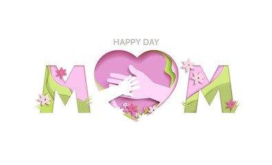 Happy Mothers day greeting card in paper cut style in pink colors
