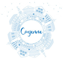 Outline Cayenne Skyline with Blue Buildings and Copy Space.