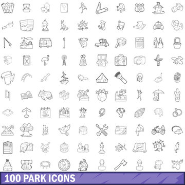 100 park icons set, outline style