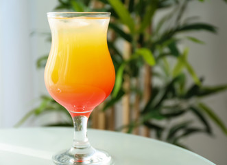 Tequila Sunrise cocktail in glass on table, closeup