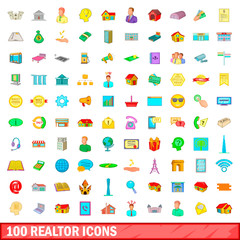 100 realtor icons set, cartoon style