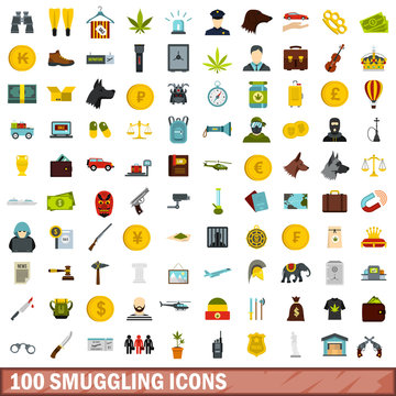 100 smuggling icons set, flat style