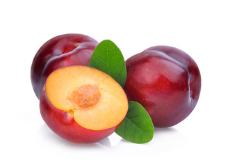 cherry plum with green leaves isolated on white background