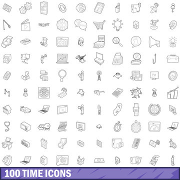 100 time icons set, outline style