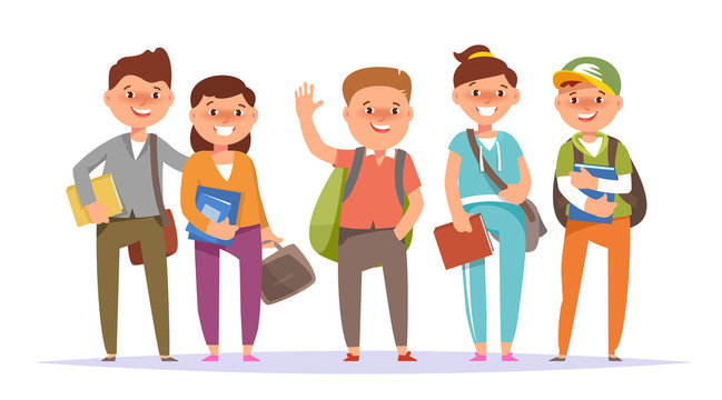 Vector illustration icon group undergraduate student boy and school girl colorful clothes with textbook and backpack standing isolated white background. Cartoon style