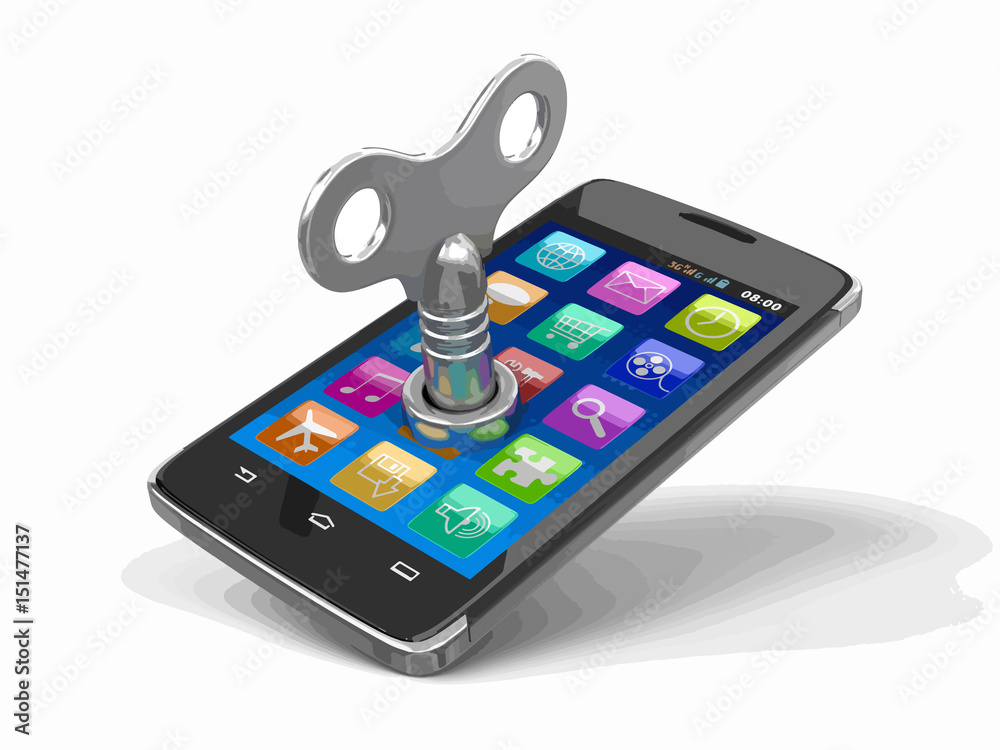Poster touchscreen smartphone with winding key. image with clipping path.