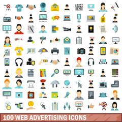 100 web advertising icons set, flat style