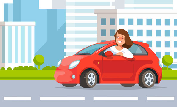 Vector illustration of young woman auto driver rides in red car city street in flat style. Concept life in the city