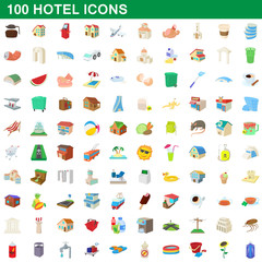 100 hotel icons set, cartoon style