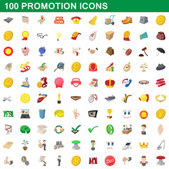100 promotion icons set, cartoon style