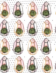 Hand drawn vector abstract seamless pattern with golden terrarium,polka dots texture and cacti plants in pastel colors isolated on white bakground.Design for decoration,fashion,fabric,wrapping paper