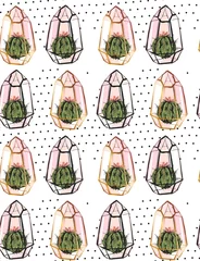 Gordijnen Hand getekende vector abstracte naadloze patroon met gouden terrarium, polka dots textuur en cactussen planten in pastel kleuren geïsoleerd op witte bakground. Ontwerp voor decoratie, mode, stof, inpakpapier © anastasy_helter