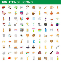 100 utensil icons set, cartoon style