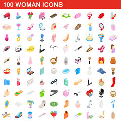 100 woman icons set, isometric 3d style