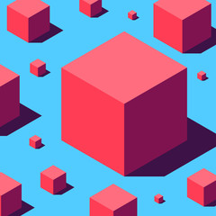 Abstract geometry composition of various sizes red cubes on light blue background. Retro design concept. Clipping mask used!