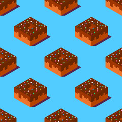 Seamless pattern of cubic chocolate donuts on light blue background. Retro design concept, Clipping mask used.