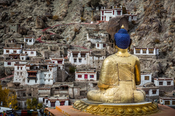 Giant golden statue of Buddha at Hemis Monastery in the Indian Himalaya. Hemis, Ladakh, India