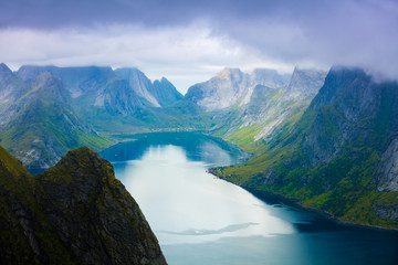 Top view from the mountain at the fjord. Reine, Norway. View from high
