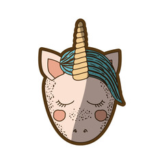 colorful thick contour of front face caricature unicorn with closed eyes and blue mane vector illustration