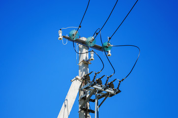 Tangle of Electrical Wires on Power Pole. Overhead power lines