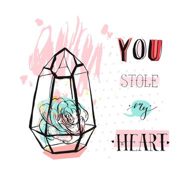 Hand drawn vector abstract graphic Love concept greeting card design with succulent plant in glass terrarium and modern calligraphy phase You stole my heart in pastel color isolated on white .