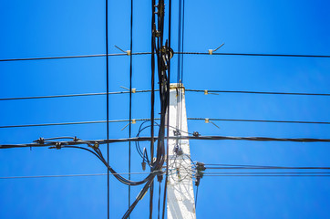 Tangle of Electrical Wires on Power Pole. Overhead power lines