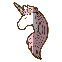 white background with face side view of female unicorn and long striped mane and thick contour vector illustration