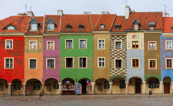 view of crooked medieval houses on the central market square in Poznan, PolandPoznan, Poland
