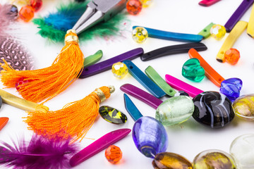 Glass beads, feathers, components