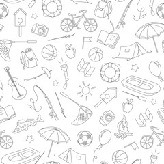 Seamless pattern on the theme of summer camp and vacations, simple contour icons, black contour on white background