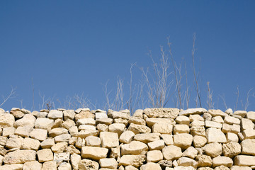 Abstract shot of sticks and grass in dry weather and rubble wall. Isolated typical elements of maltese countryside rural areas.
