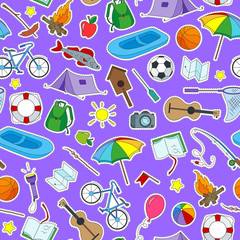 Seamless pattern on the theme of summer camp and vacation icons patches on purple background