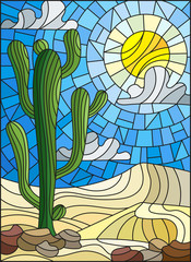 The illustration in stained glass style painting with desert landscape, cactus in a lbackground of dunes, sky and sun