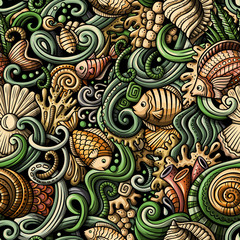 Obraz premium Cartoon doodles under water life seamless pattern
