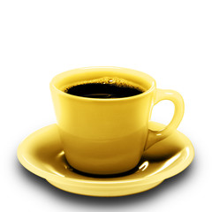 Bright shiny golden coffee cup on golden plate, filled with fresh, hot, aromatic black coffee, isolated against the clear white background.
