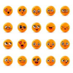 Emotions. Set of smiley face icons with different facial expressions. 3D. Isolated on white.  Vector characters.