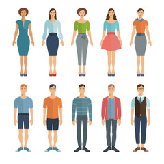 Obraz premium Young men and women in flat style. Set of vector characters.