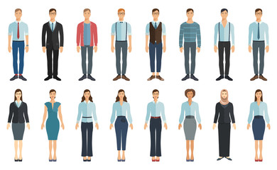 Young businessman and businesswoman in flat style. Vector collection.