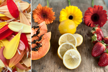 Diptych, still-life, macro-petals of gerbera, papaya, lemon, strawberry, yellow, orange and red gerbera
